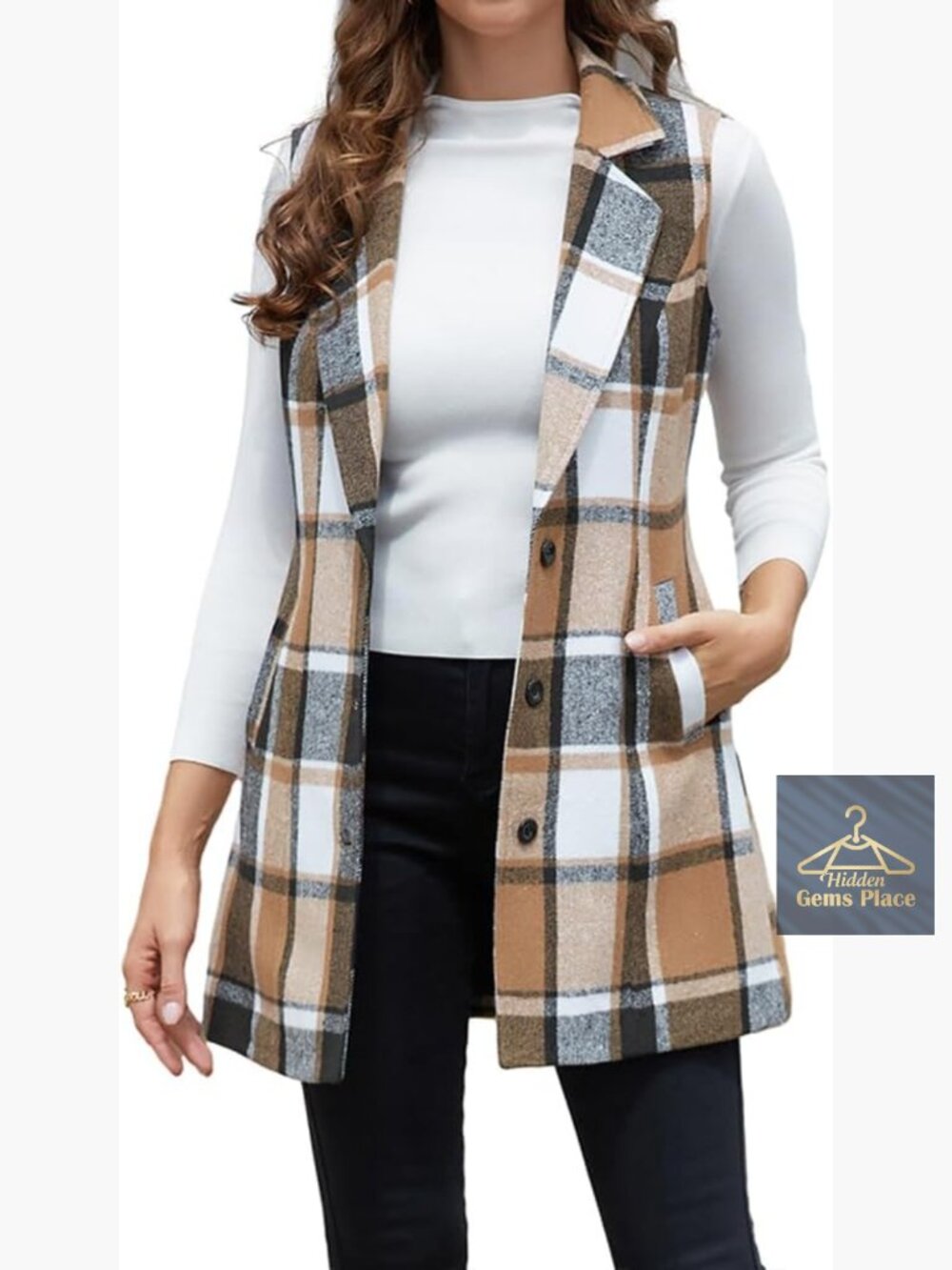 Womens Wool Plaid Sleeveless Vest Blazer Jacket Fall Winter Casual Slim Fit
